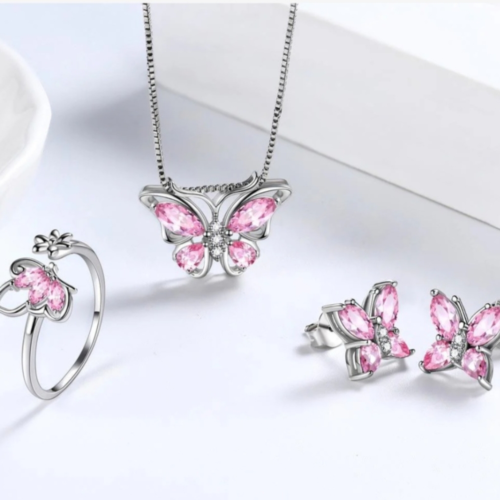 Butterfly October Birthstone Jewelry Set - Necklace, Earrings, Ring